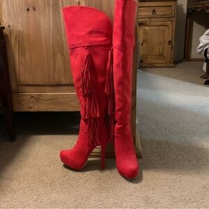 Red Fringe Over-the-Knee High Heel Boots - Women